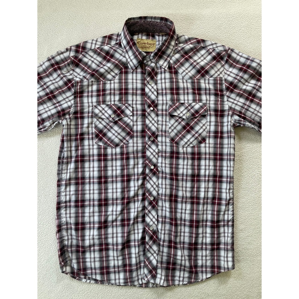 Cowboy Legend Men Large Shirt Burgundy Plaid Long Sleeve Pearl Snap Western Yoke